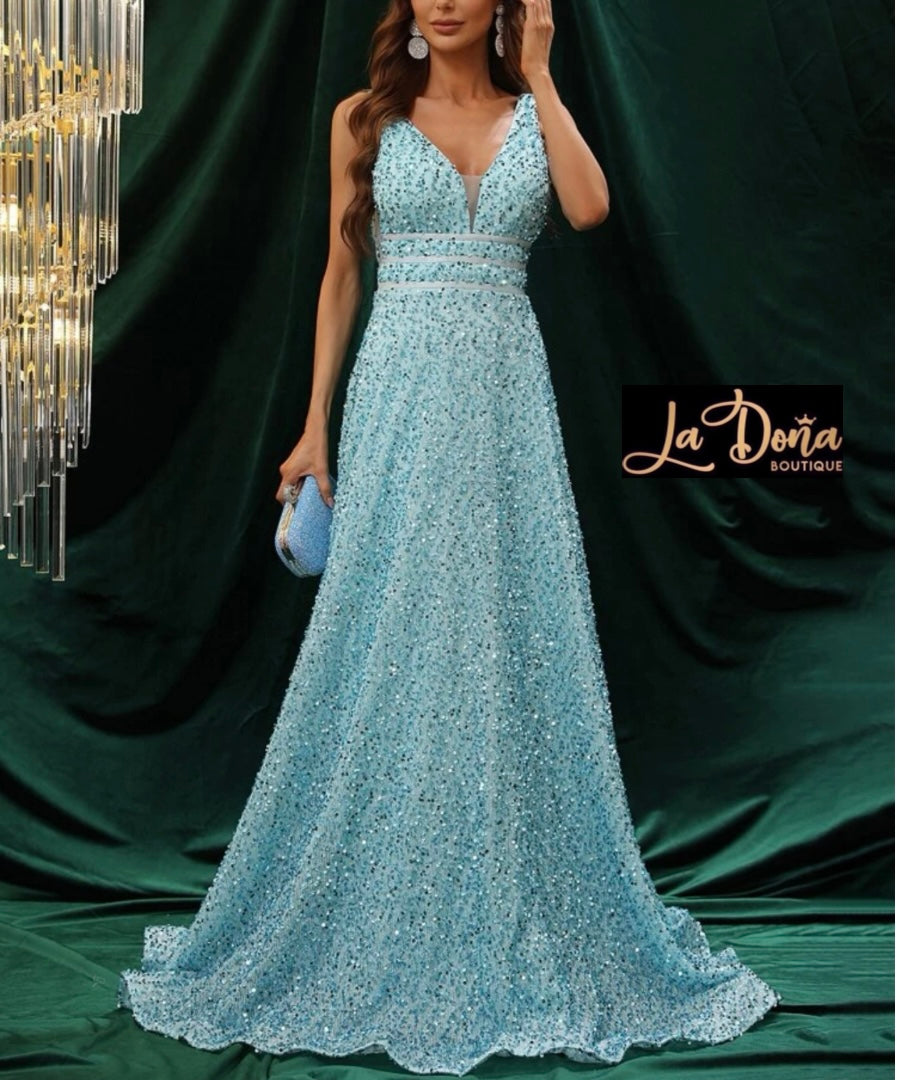 Vestido largo de noche con lentejuelas azul