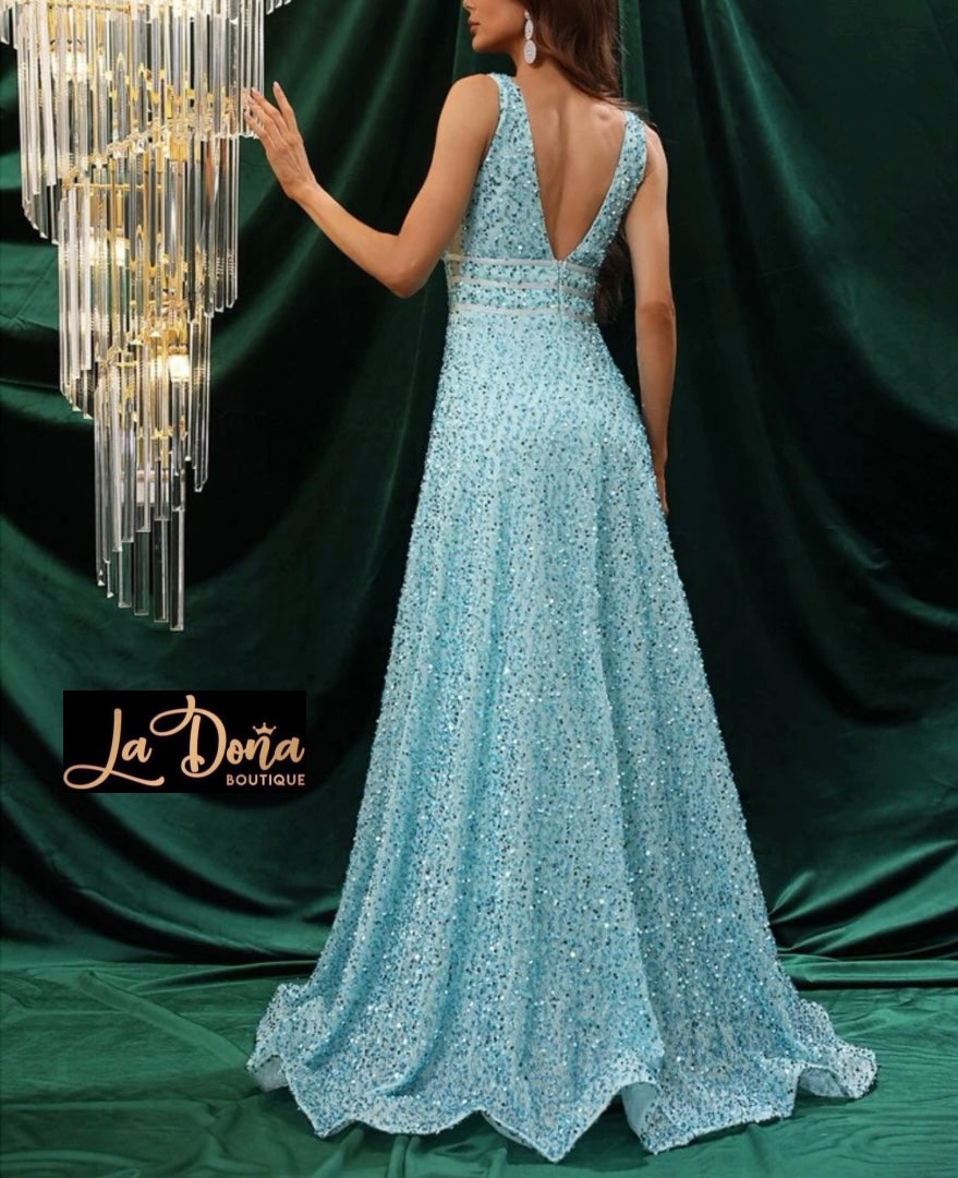 Vestido largo de noche con lentejuelas azul
