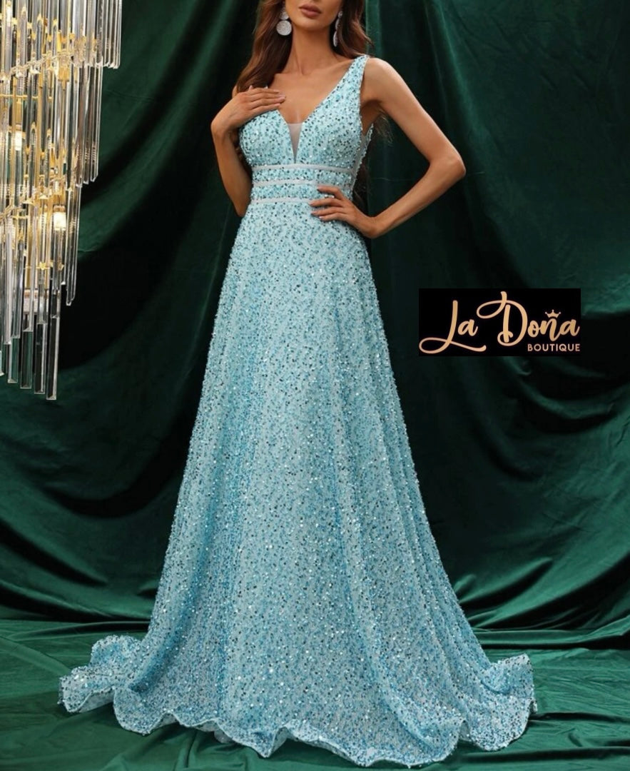 Vestido largo de noche con lentejuelas azul