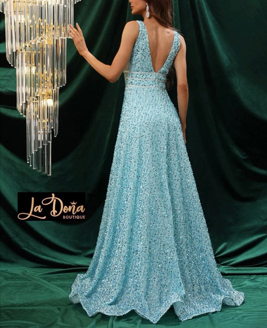 Vestido largo de noche con lentejuelas azul